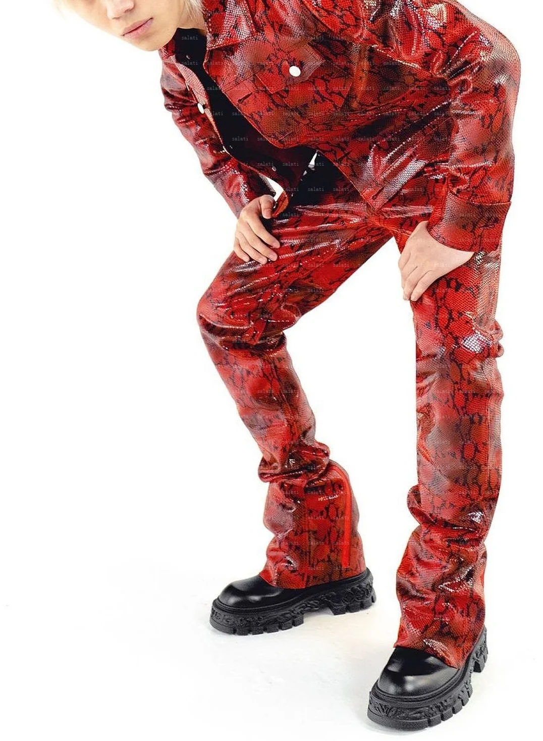 Salati Designer Snake Print Suit Jacket Button up Trucker Bomber Leather Jacket and Stacked Flared Pant Sweatsuit Set Tracksuit gallery 2