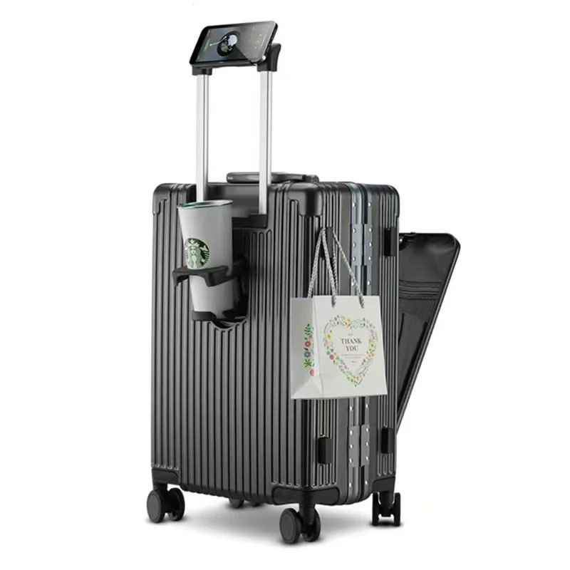 new arrival fashion trendy multi-functional front open luggage high quality PC aluminum frame suitcase with USB