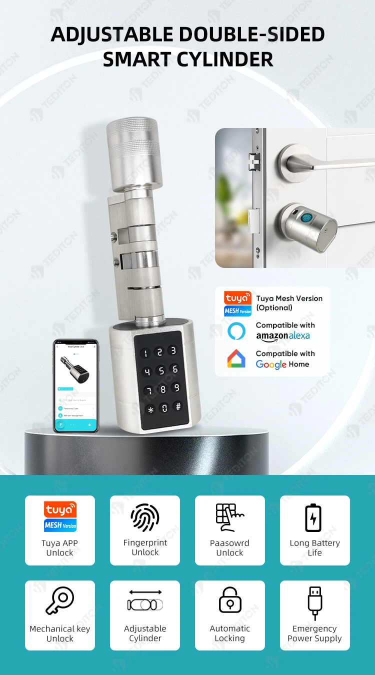 Tediton Newest Design Gold Smart Cylinder Lock Euro Cylinder Lock Tuya