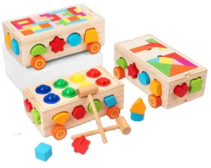 Multicolor Wooden Kids Educational Blocks Trailer Car Geometric Shape Pairing Blocks Wooden Educational Toy
