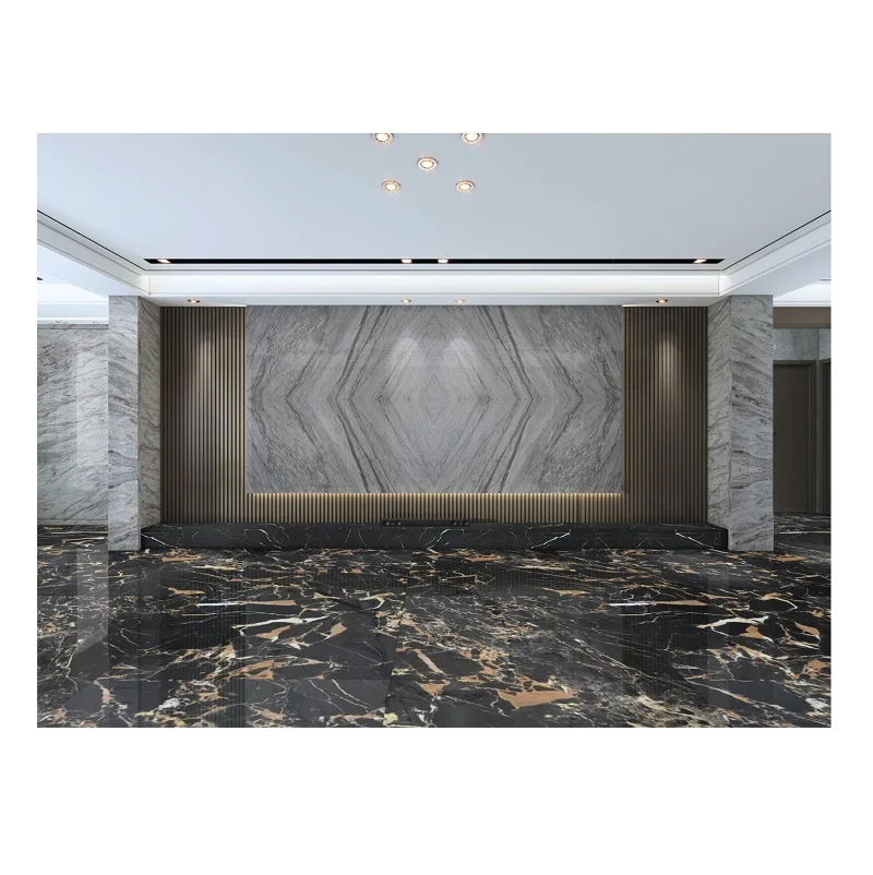Custom Project Luxury Hotel Lobby Black Gold Vain Marble Floor Tile