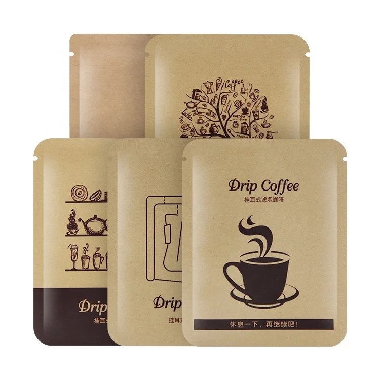 Accept Custom Kraft paper Aluminized Small Coffee Pouch 3 Side Sealed Drip Coffee Packaging Bag