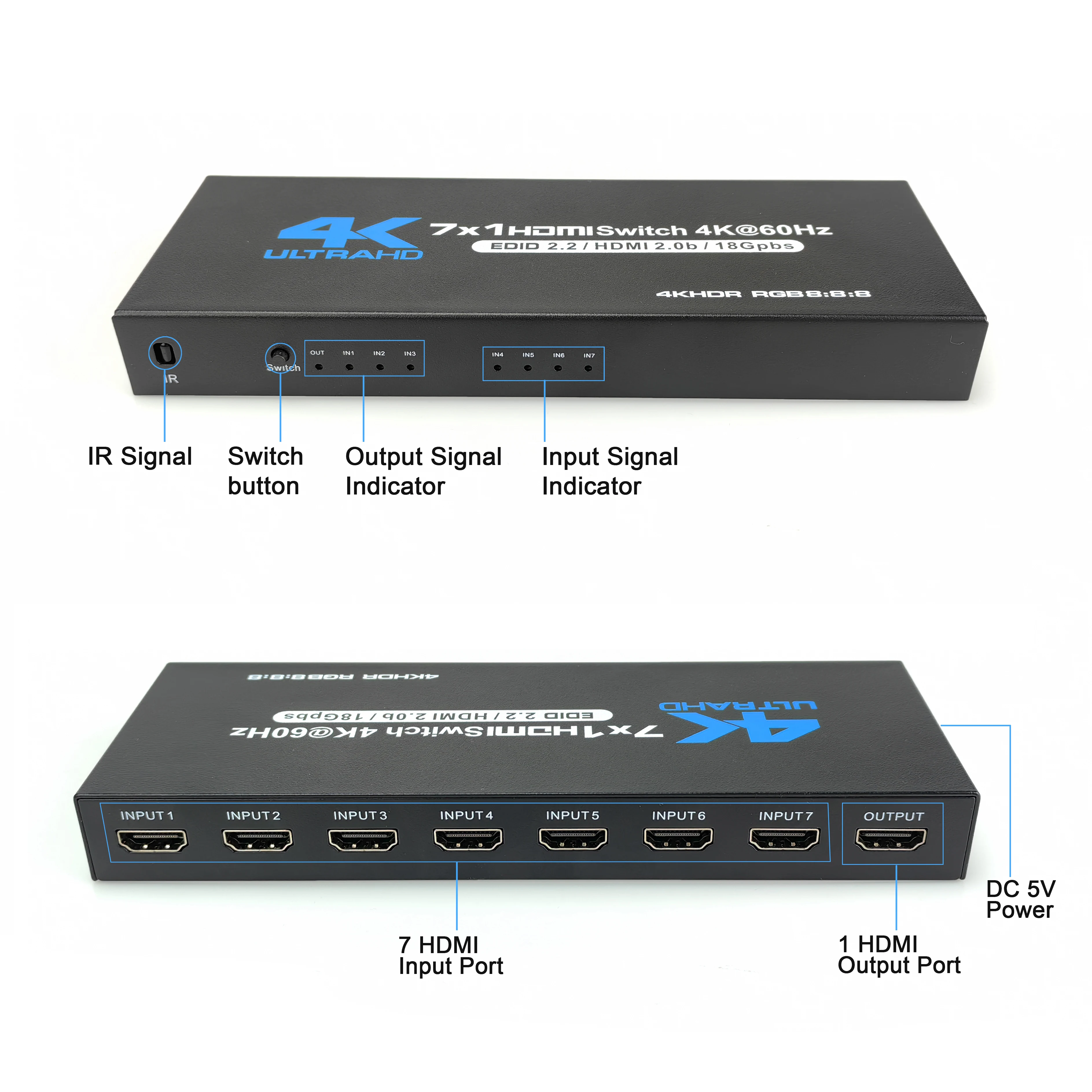 HDMI スイッチ 7x1 HDMI スイッチャー 7 in 1 出力 HDMI スイッチ セレクター 7ポート ボックス 赤外線リモコン付き HDMI 2.0 HDCP 2.2 4K@60Hz ウルトラ HD 3D