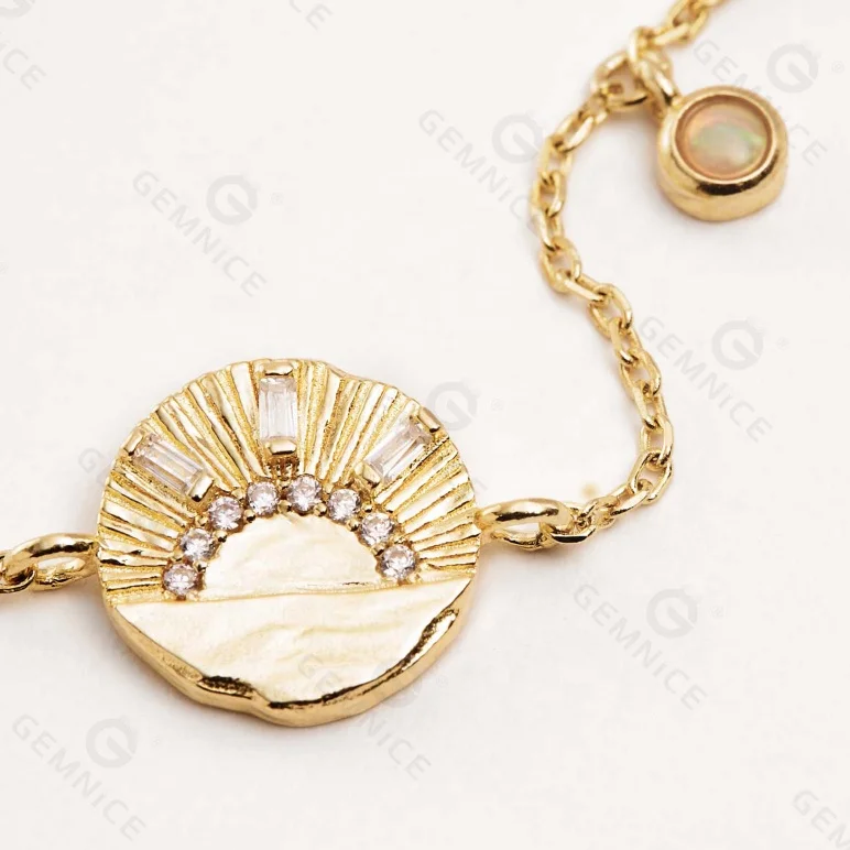 Gemnel 925 Silver 14k Gold Irregular Surface baguette Zircon Sun Coin Opal Bracelet for Women