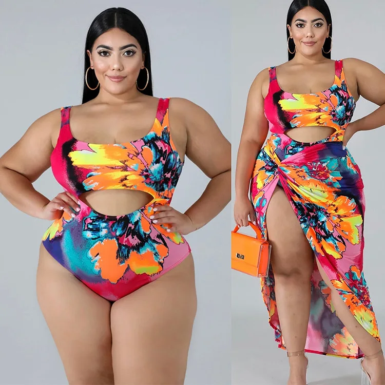Fashionable 5xl women sexy  swinsuit  Floral Print Bikini Contrasting Color Plus Size one pieces swimwear