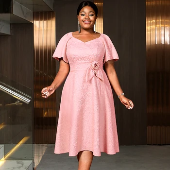 AM050607 Elegant V Neck Short Puff Sleeve 3D Flower Rose Jacquard a Line Pink Midi Women's Casual Dress