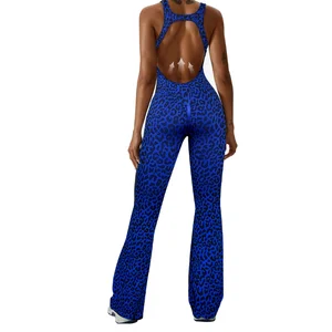 Customized Yoga Jumpsuit Leopard Printed One Piece Flared Pants Bodysuit Elastic Backless Slim Fit Yoga Activewear for Women