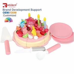 EDULAND Safe Preschool Simulation Toy Set Magnetic Cake Strawberry Double Birthday Cake Baby Pretend Play Kitchen Food Wooden