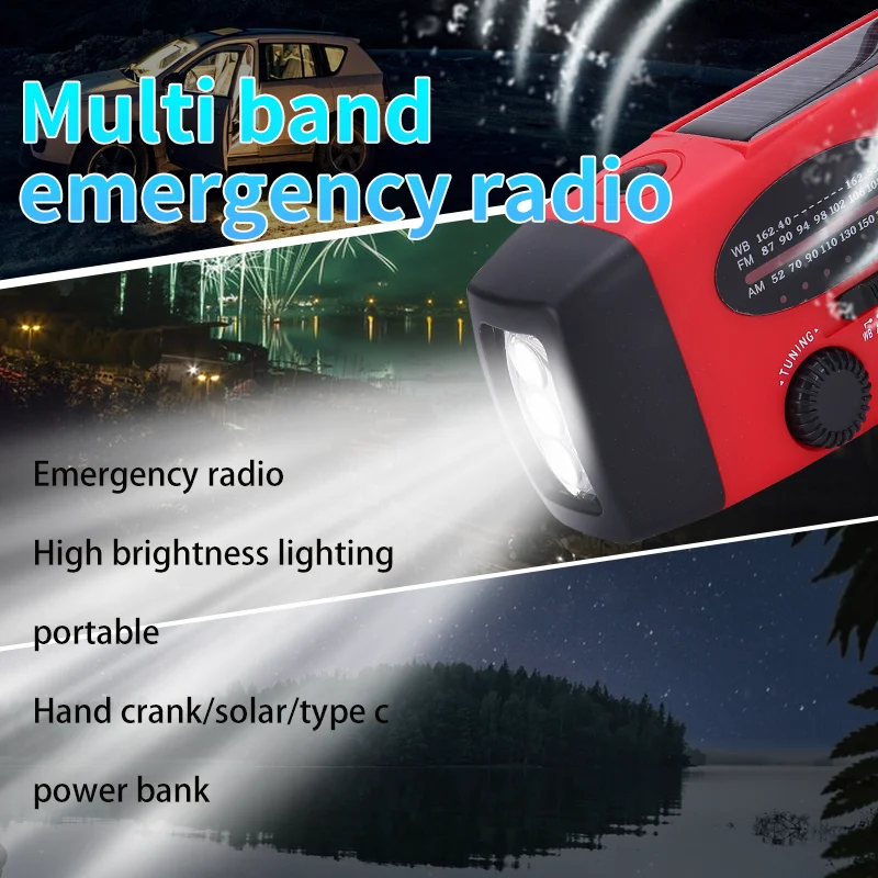 Solar Hand Crank & USB Powered AM/FM NOAA Weather Radio with LED Flashlight Emergency Power Bank (>5000mAh) ABS Material