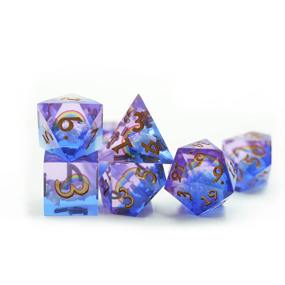 Rainbow and Clouds Resin DND Dice Set Core Sharp Edge DICE with Gold Number details