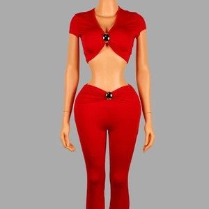 ViViblook Z1213ST02 Sexy Set Women's Low Cut V-Neck Short Sleeved T-Shirt Top Pants Two Piece Casual Set