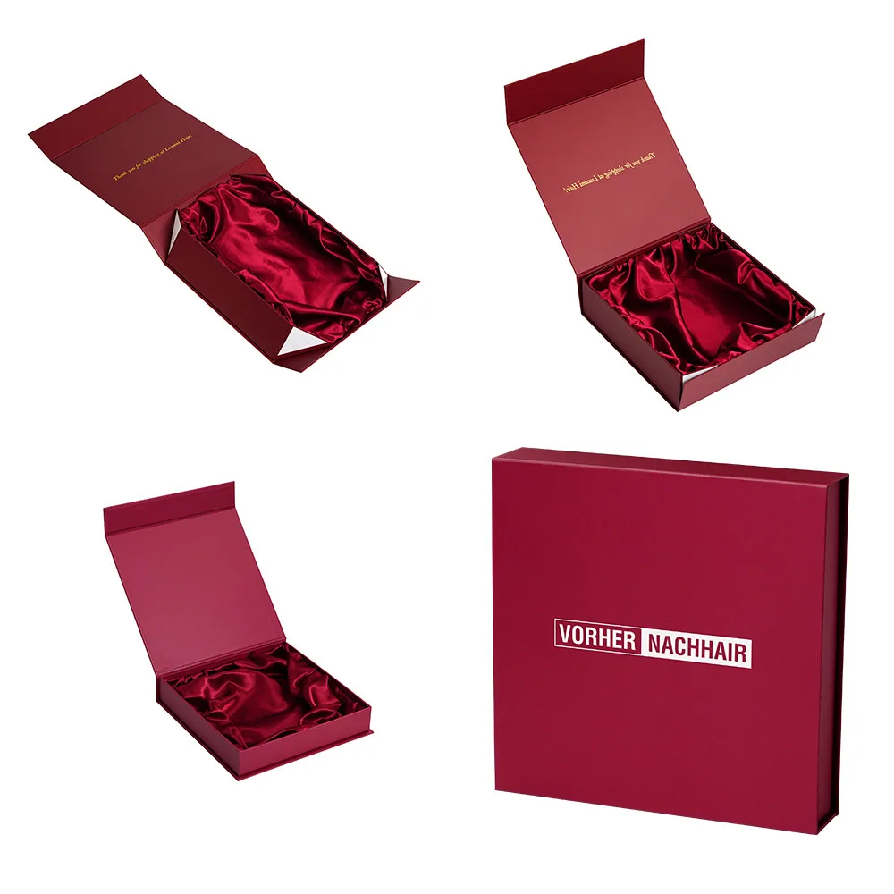 Wholesale Custom logo Hard Paper Boxes Hair Extension Wig Packaging Box Recyclable Magnetic Flip Cosmetic Gift Box with Satin