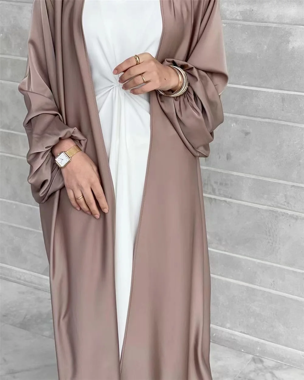 Satin Open Abaya Kimono Turkey Bubble Sleeve Abayas for Women Dubai Dress Islamic Clothing Modest Outfits Kaftan