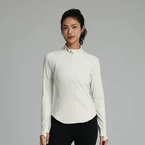 Women Running Sport Top 4-Way Stretch Sweat Gym Workout Zip up Jackets White Compression Fit Pockets Zipper Fitness Yoga Jackets