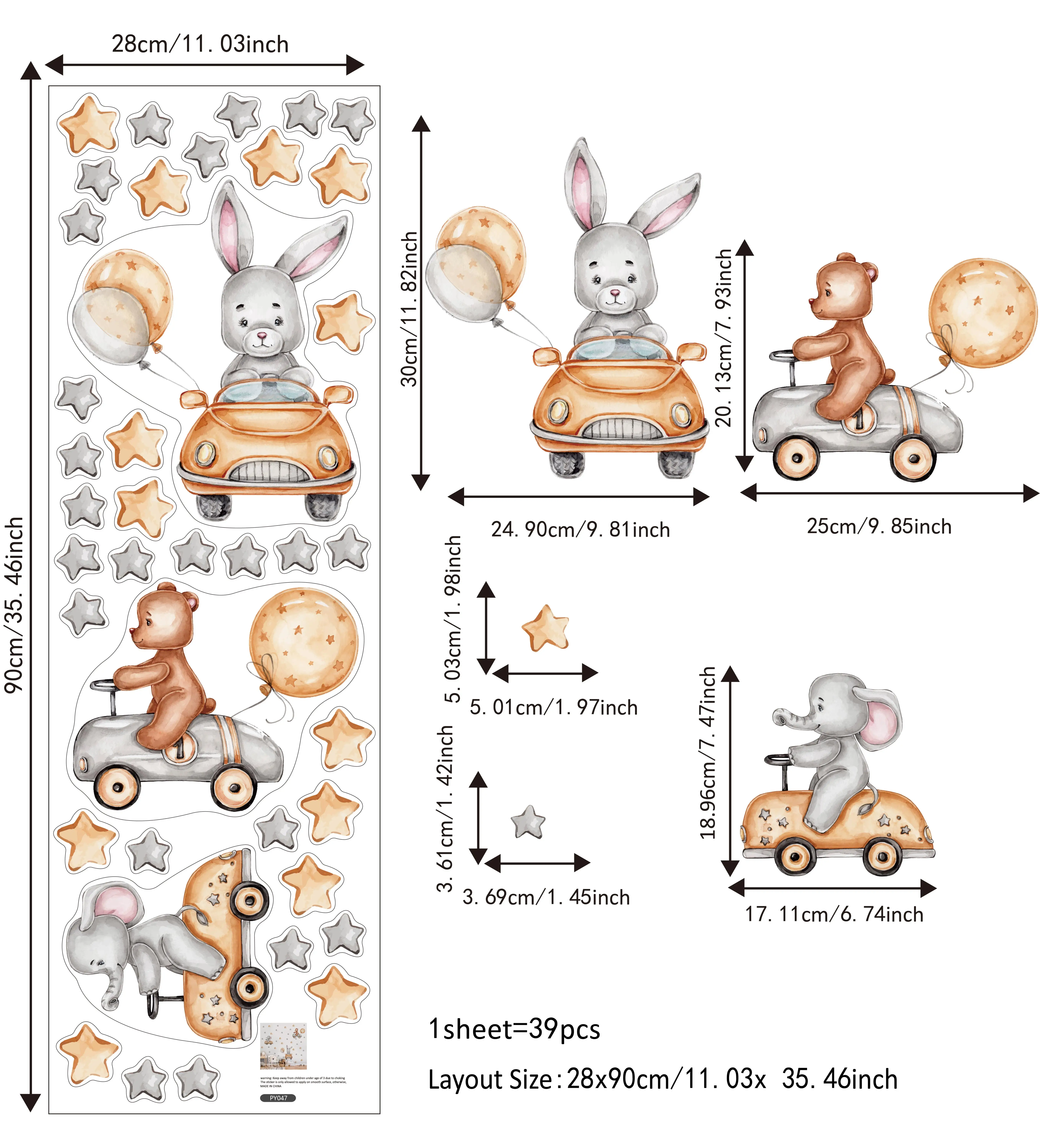Funlife PY047 Cartoon Rabbit and Elephant Driving Decals DIY Wall Decoration for Nursery Room Wall Stickers