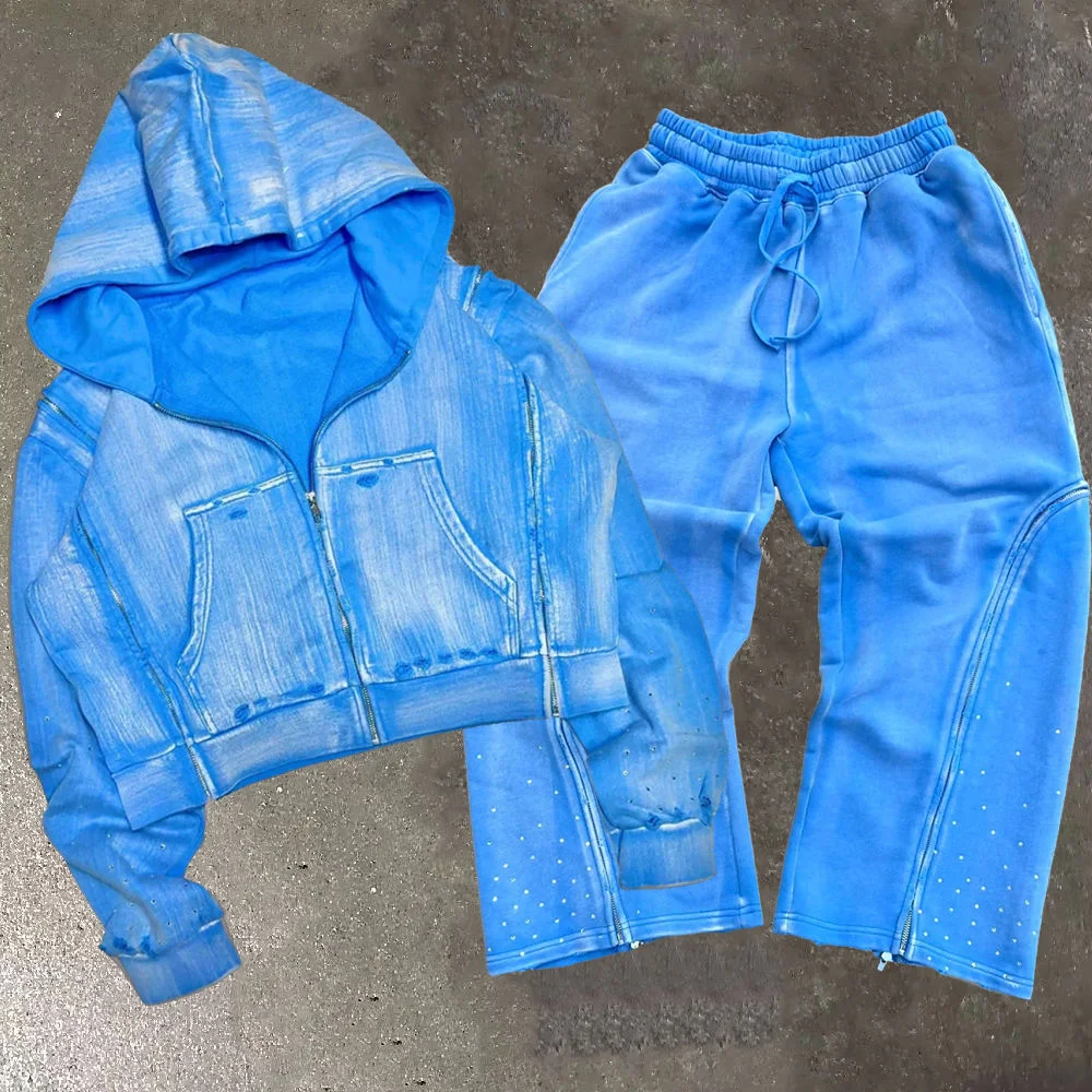 SALATI Acid Washed Sporty Men Sweatsuit Set Wholesale Detachable Zippers Oversized French Terry Hoodie Baggy Pants Knitted gallery 7