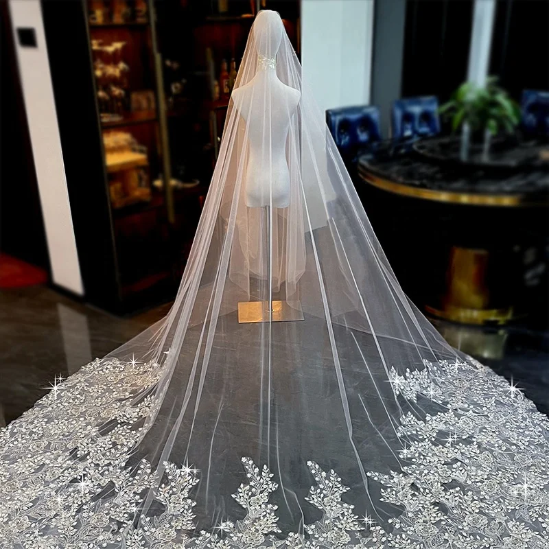 Заводская изготовленная на заказ Хрустальная вышивка бисером уникальная кружевная прозрачная свадебная вуаль Роскошная