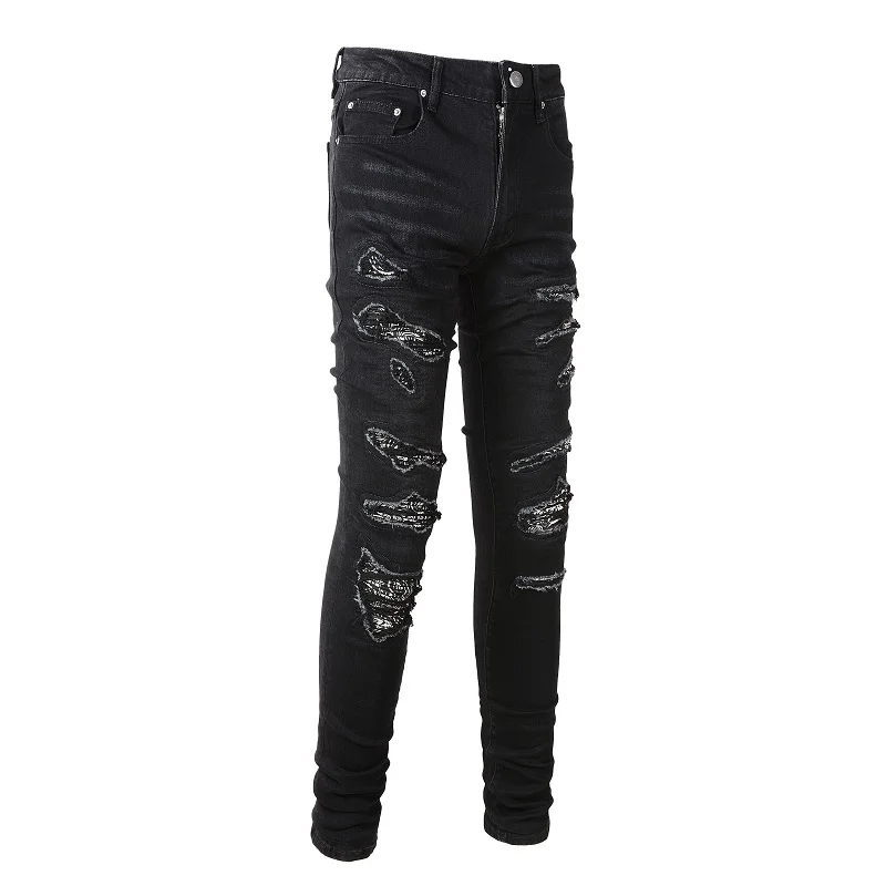 Wholesale Black Patch Denim Men's Jeans Hip Hop Style
