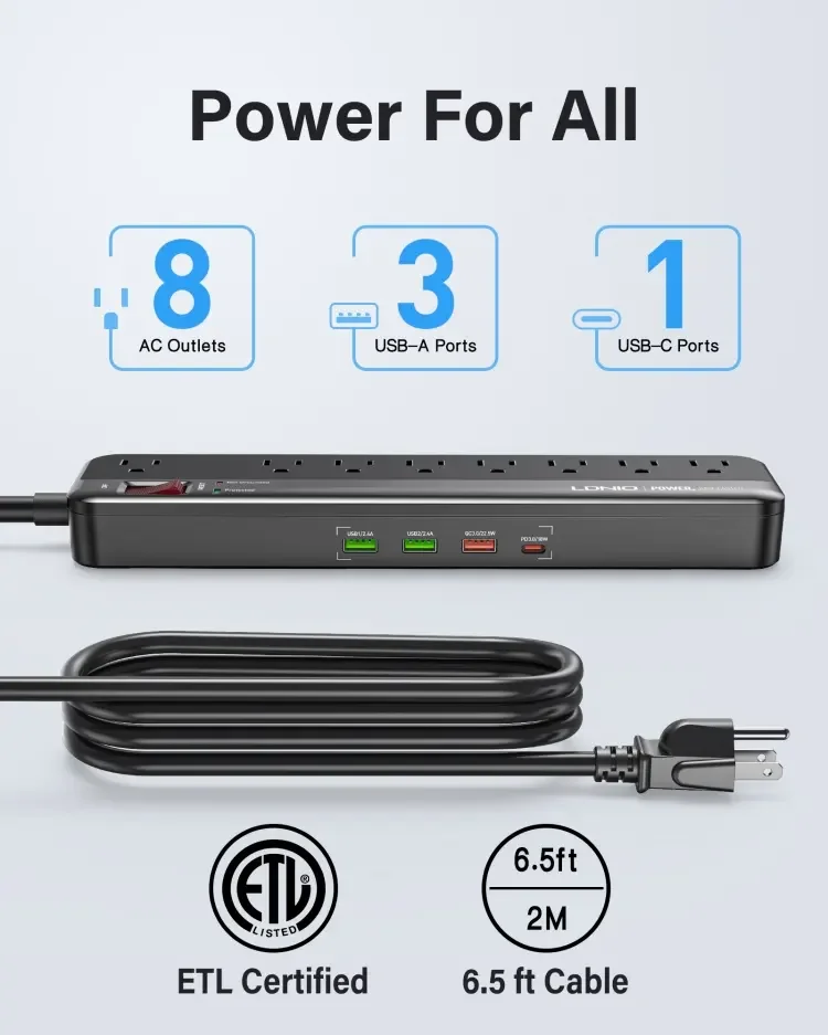 LDNIO SU8440 15A Surge Protector with 8 Outlets and 4 USB Ports Flat Plug Extension Cord for Home Office USA Power Strip