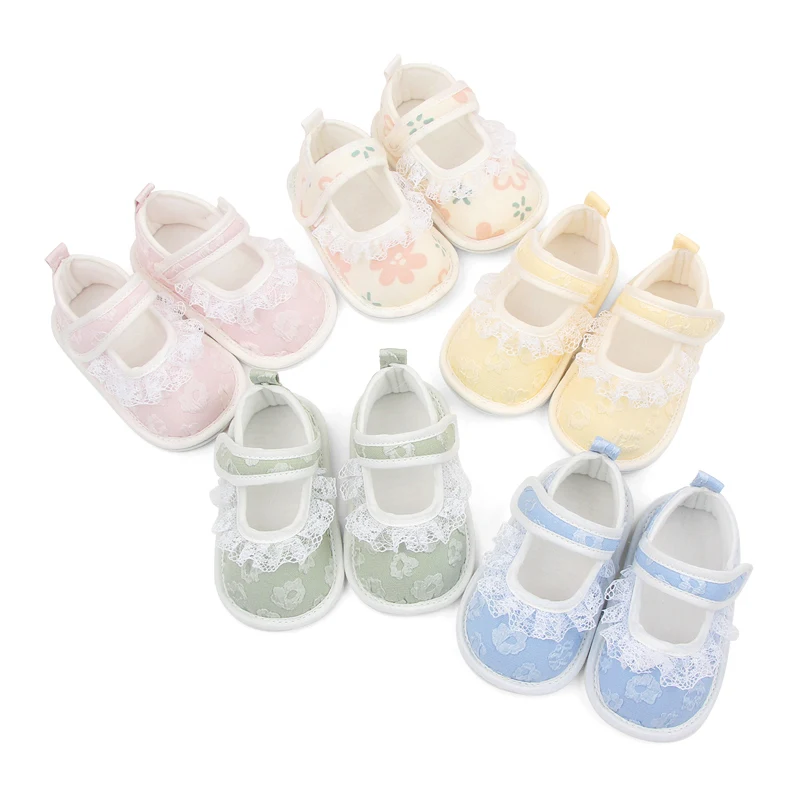 New Solid Color Mesh Lace Embroidery Lace Soft Base Infant Shoes for Girls