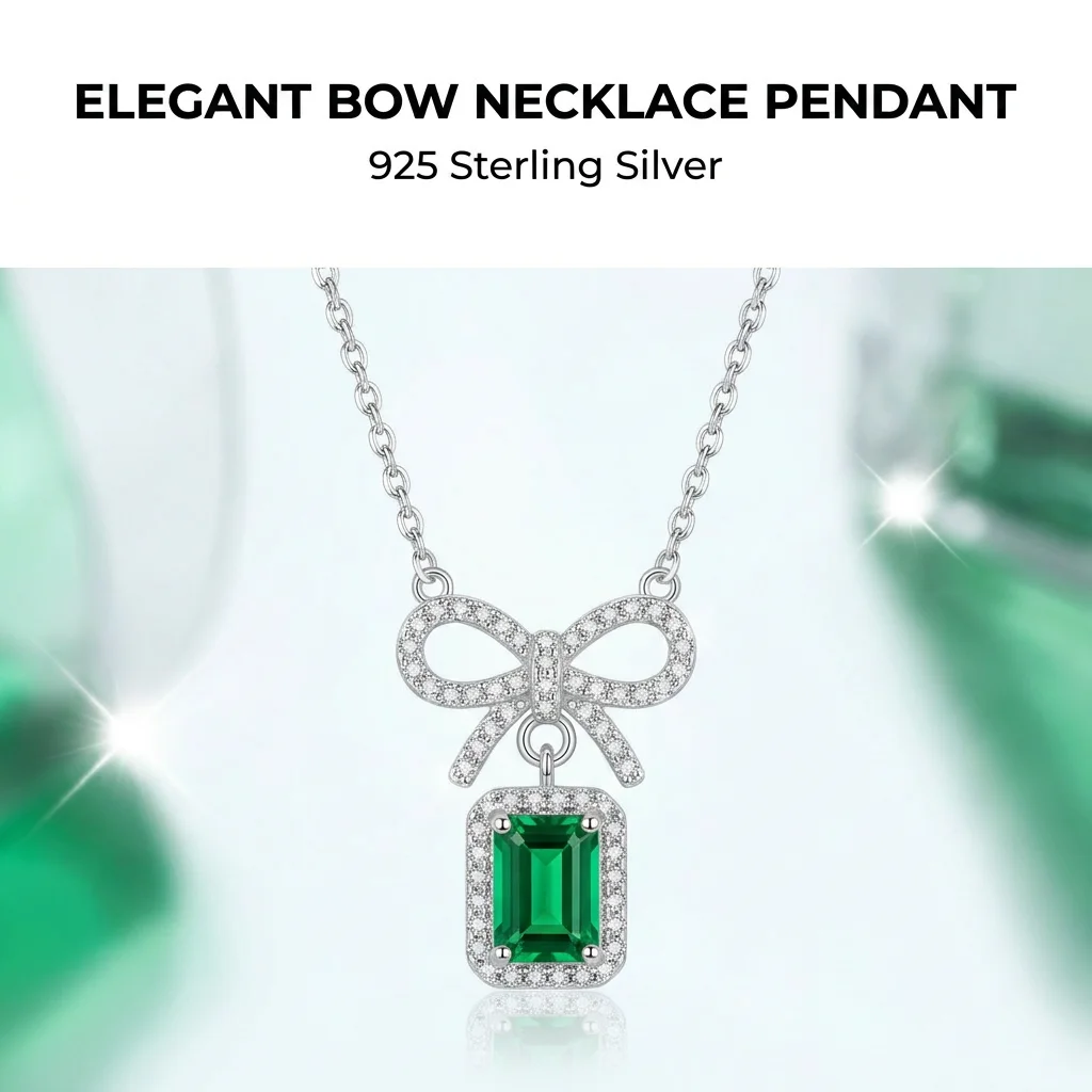 925 Sterling Silver Emerald Cut Bow Pendant Necklace with Claw Setting Diamond Accent for Women-Engagement Wedding & Party Gift