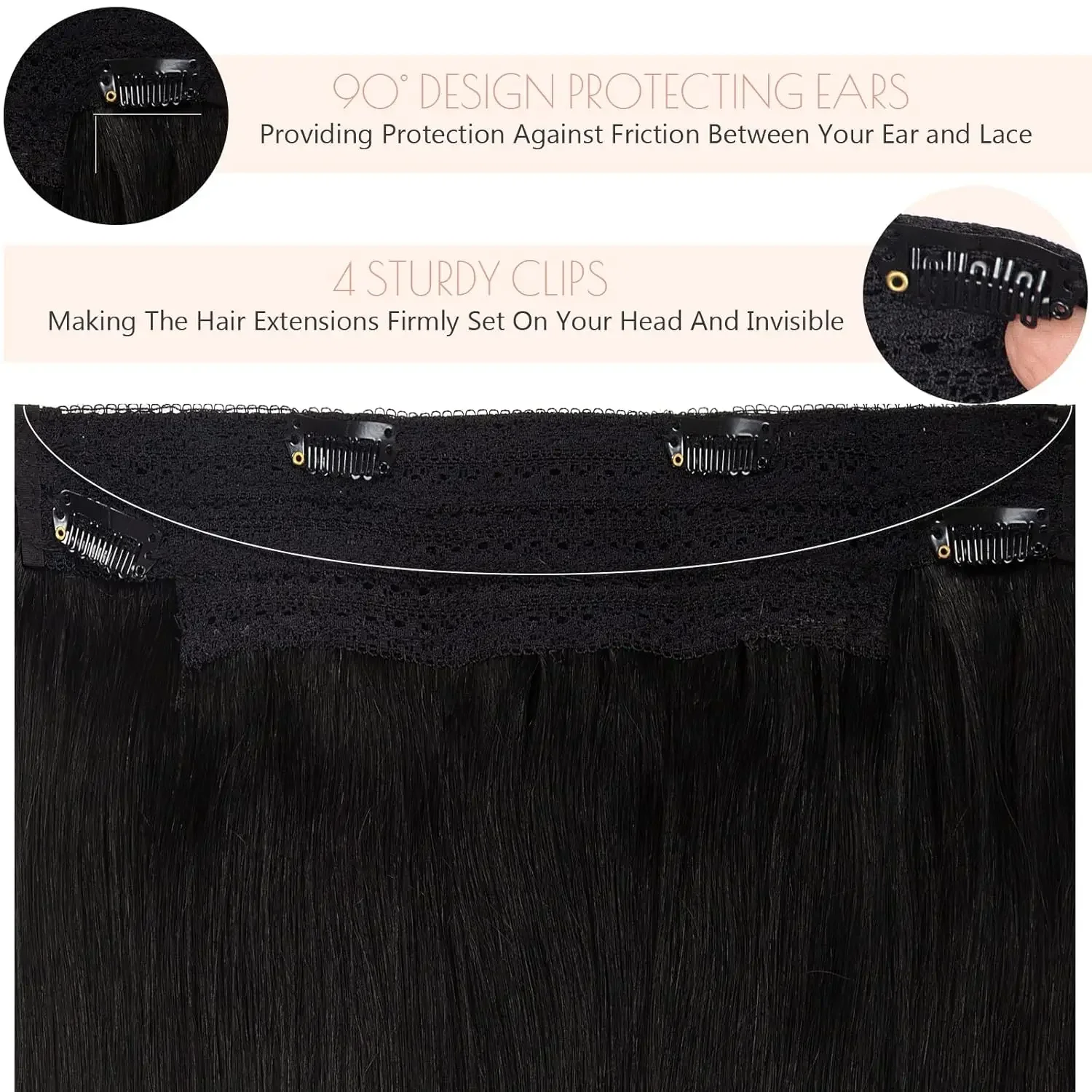 Extension per capelli umani con linea di pesce dritta con 4 clip, filo invisibile, 100% veri capelli neri Remy per donna_voghion.com