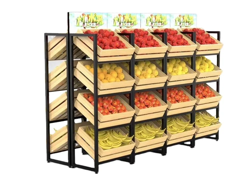 Présentoir Supermarché 4 Niveaux En Bois - 100x50/66cm - Pour Fruits, Légumes, Rangement - Amovible