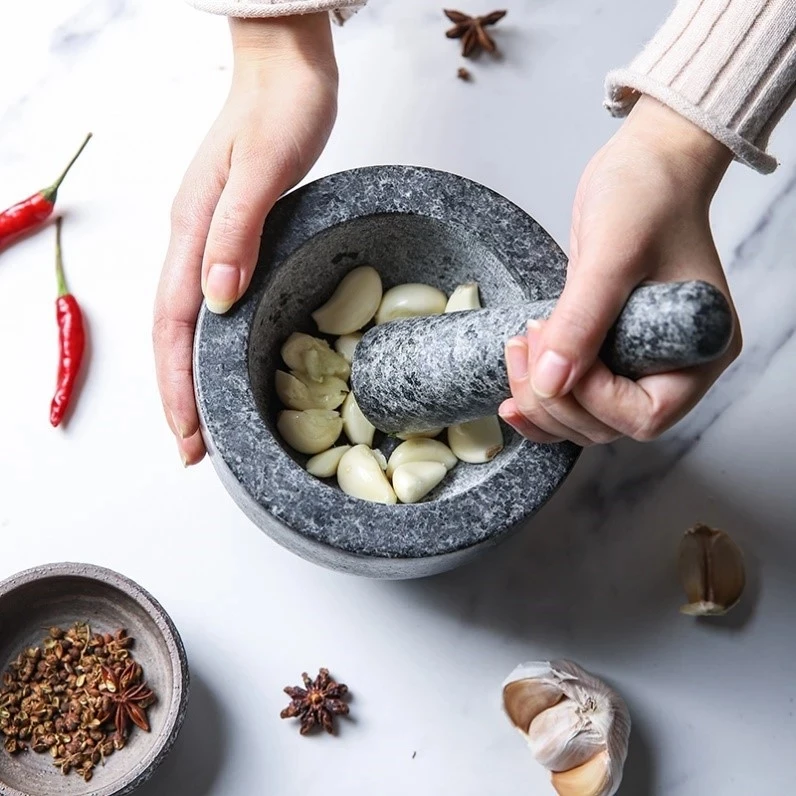 Manual Garlic Spice Press Pounder Kitchen Heavy Granite Pestle and Mortar Kit