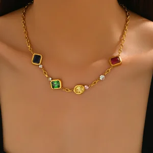 European American Color Gem Necklace Unisex High-end Simple Square Double-sided Sporty Zircon Link Chain Stainless