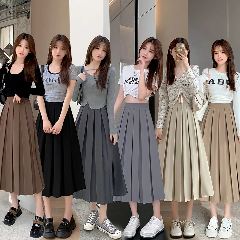 2023 frühjahr und Sommer Neue Stil mit Hemd Kaffee Farbe Plissee Halb S frauen Hohe Taille ein Wort in die Lange Half214_voghion.com