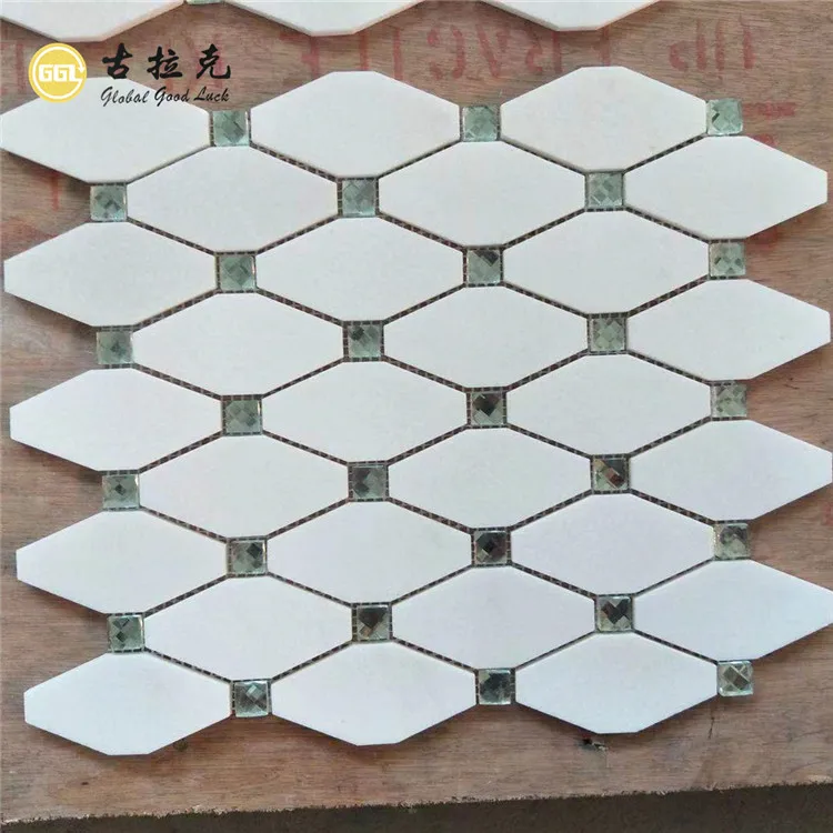 Nature Thassos White Marble With Crystal Glass Long Hexagon Pattern Wall Decoration Mosaic Tiles