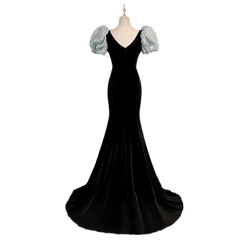 S1801r Black Fishtail Temperament Evening Fashion Velvet Waist Fishtail Bow Host Black Wedding Dress S1801r Black Fishtail Temperament Evening Fashion Velvet Waist Fishtail Bow Host Black Wedding Dress