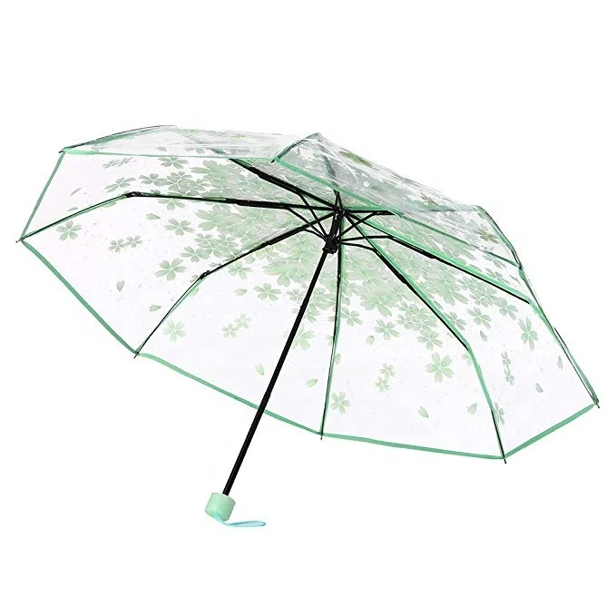 High Quality 3 Fold Transparent clear Folding Umbrella with Sakura Cherry Flower Printing on the Top