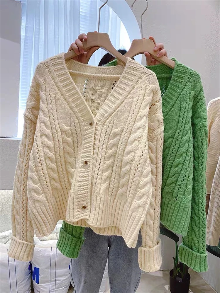 Womens Cardigan Autumn Winter Button Long Sleeve V Neck Thick Ladies Sweater Casual Knitted 