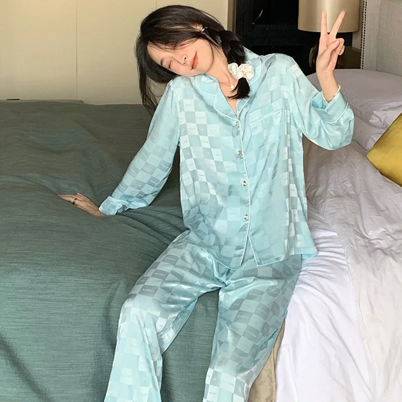 Pijamas de Netflix para mujer, primavera y verano, pantalones de manga  larga de seda helada, cárdigan, ropa de casa de seda de simulación, traje  de