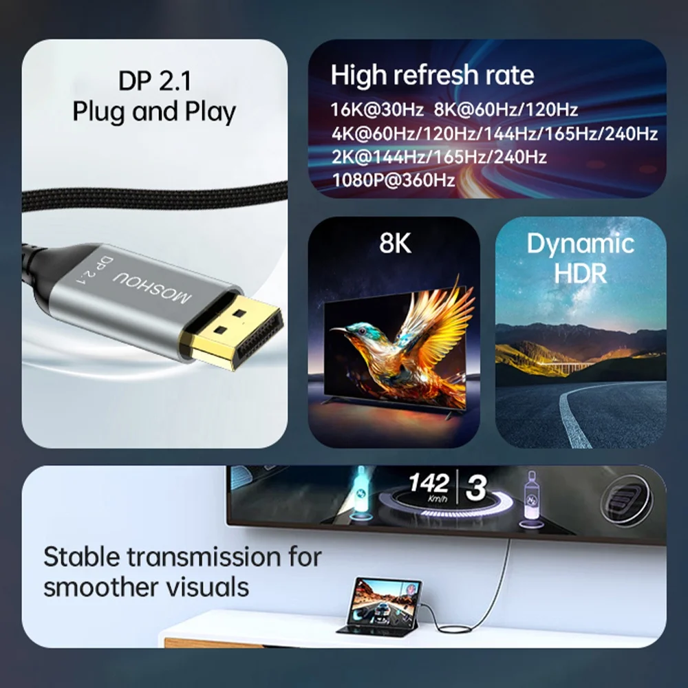 Angusplay USB C Naar DisplayPort 2.1 Kabel, 16K 30Hz 8K 60hz 4k 240hz 40gbps Thunderbolt 4 3 Dp Compatibel Met Macbook Pro Air Voor Iphone 16 15 Pro Max 3m 1901353505