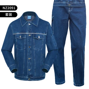 Fast Send Summer Long Sleeve Worker Overalls Out Cowboy Working Clothes Denim Workwear Jacket and Pants with Reflective Strips