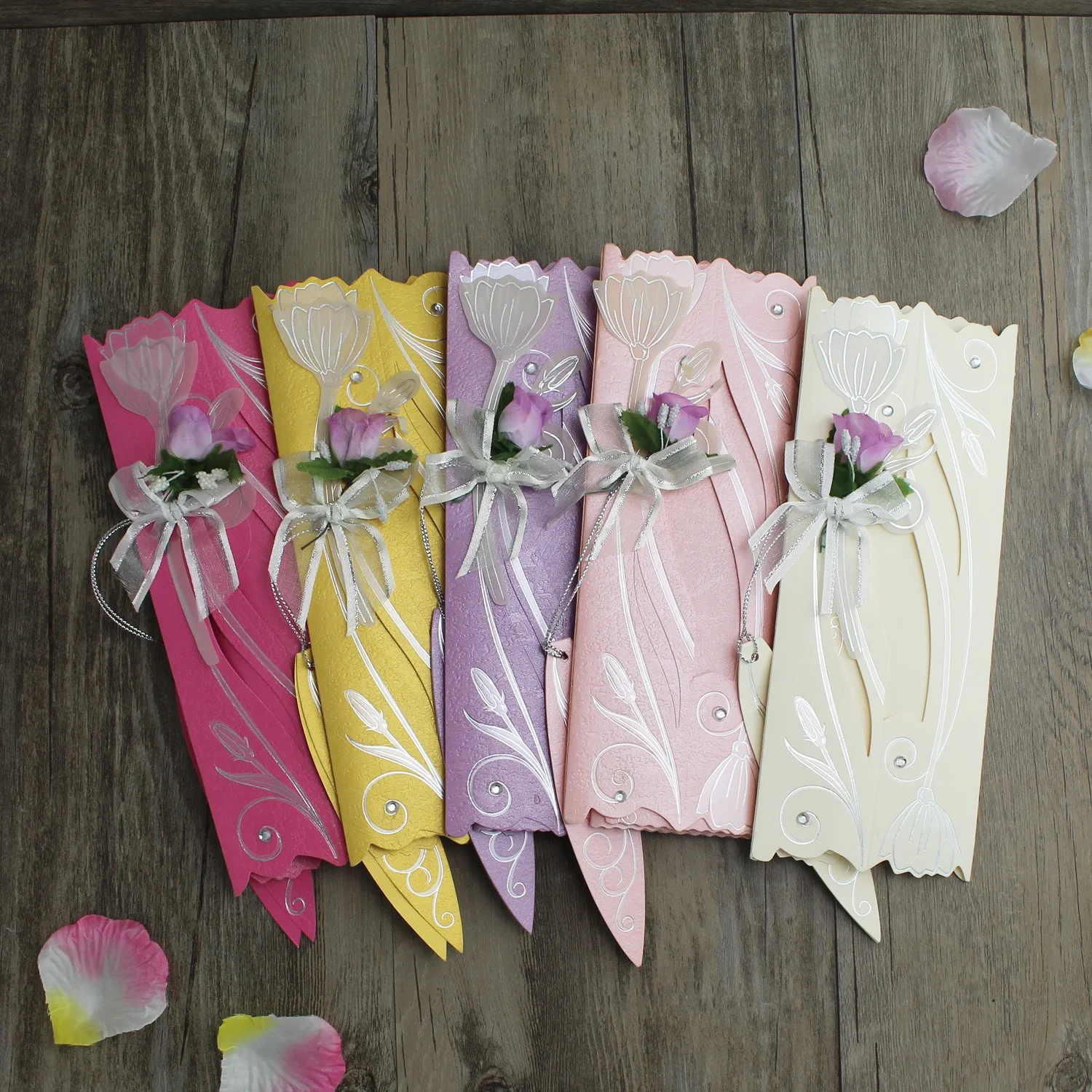 Colorful Rainbow Theme Blossom Scroll Wedding Invitations Blank
