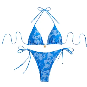 Double Sided Printed Bikini Set Sexy Reversible Halter Tie Two-Piece Swimwear Push-up Bra High Cut Bottom Belt Windproof