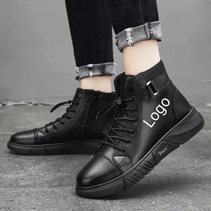 Custom Logo Men's High Neck Ankle Boots Male Outdoor Lace up and Side Zipper Fashion Dress Boots Shoes