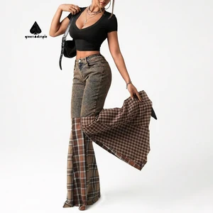 High Quality Para Mujer Jeans Pant Manufacturer Custom Designer Gingham Splicing Flare Leg Jeans Femme Trousers for Women