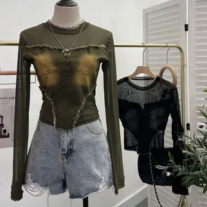 Spicy Girl Long-Sleeved Crop Top Washed Denim with Mesh Splice and Tassel Decoration Eco-Friendly Summer Fashion T-Shirt