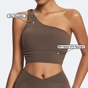 Custom Logo Manufacturer Female Sport Bra 69%Nylon 31%Spandex Single Shoulder Backless Exercise Crop Top Workout Bra for Women