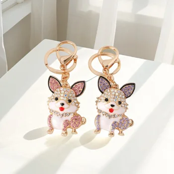 Korean Fashion Dog Car Keychain Cute Corgi Alloy Diamond Carabiner Key Ring Metal Bag Hanging Accessories