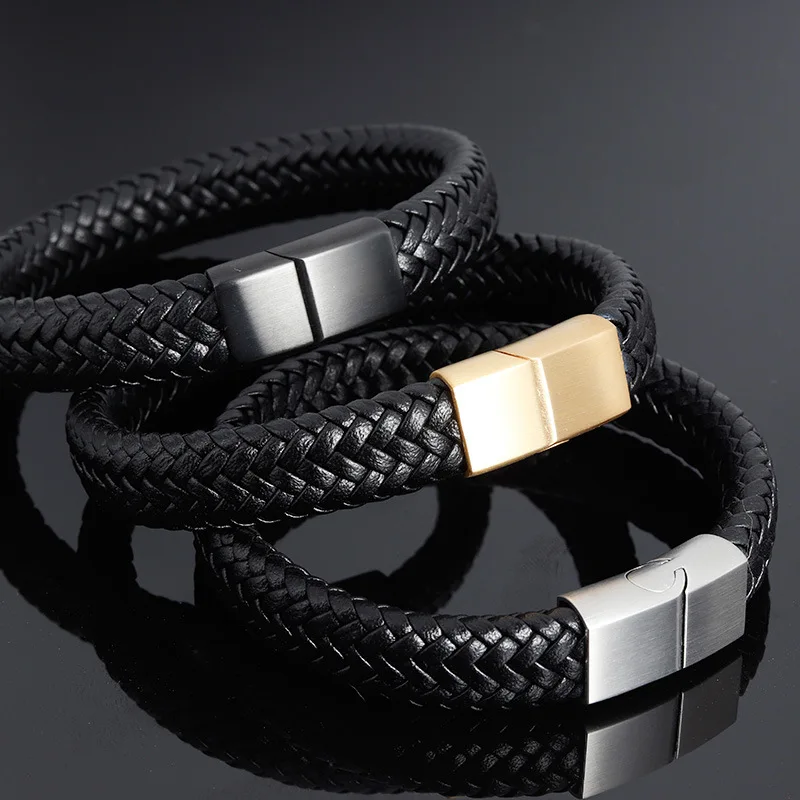 Vendioer Men's Braided Leather Bracelet With Stainless Steel Beads – Stone & Compass Design