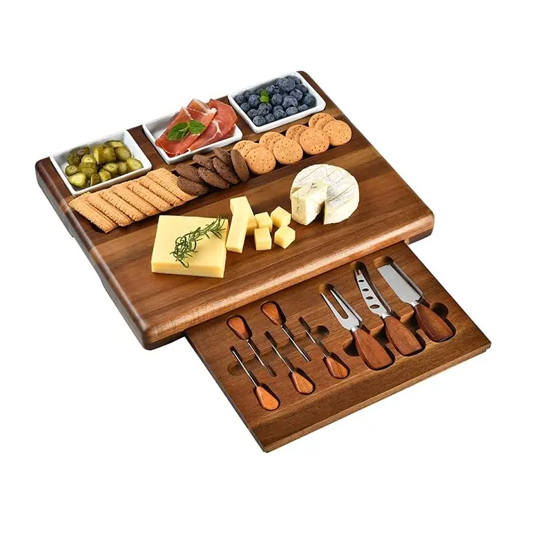 product advanced elegant party kitchen tableware set acacia wood charcoal cheese board 3 removable bamboo ceramic bowls cutting board-6