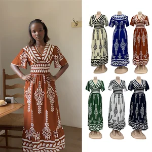 Wholesale New Vintage Women's V-neck Ruffled Elastic Waist Printed Short Sleeve Fashion Dress