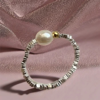 Women's Simple and Fashionable 925 Sterling Silver Freshwater Pearl Ring Silver Plated Jewelry for Parties