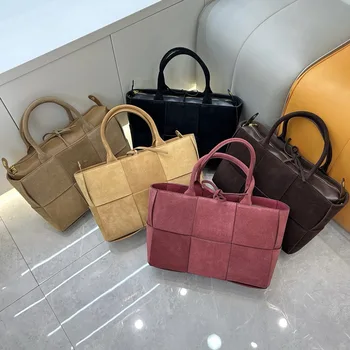 Autumn Winter Women's Top Layer Frosted Cowhide Tote Bag Korean Style Woven Portable Shopping Bag All-match Geometric Crossbody