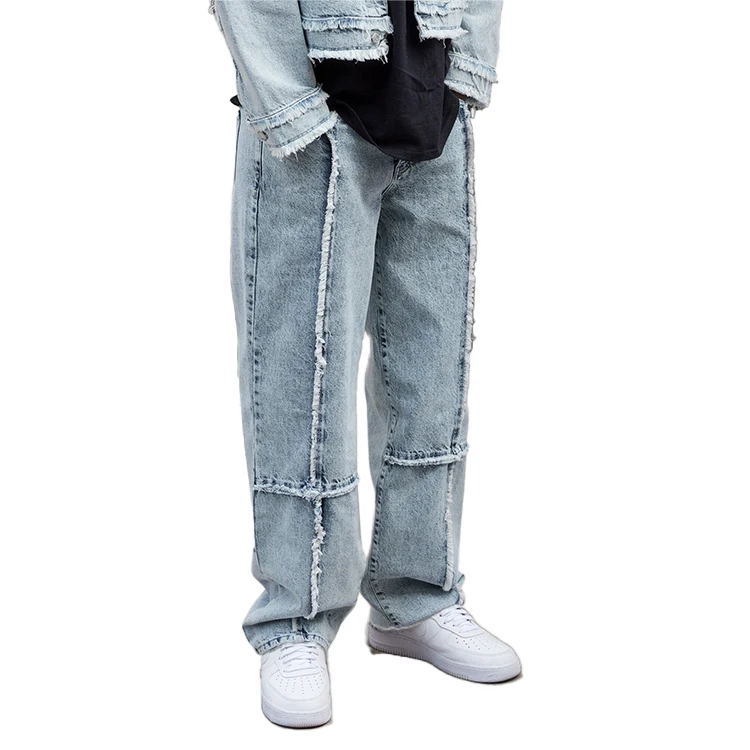 Custom Wholesale Factory Direct Sales of Men's New Casual Fashion Items Spliced Raw Edge Fried Snowflake Wash Straight Leg Jeans